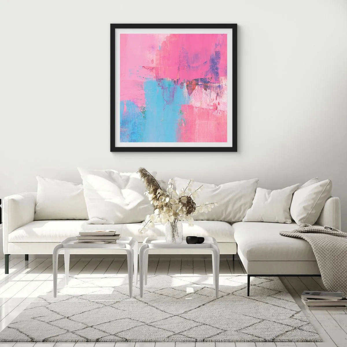 Plakat w czarnej ramie - Róż, błękit i szczypta światła - 30x30 cm