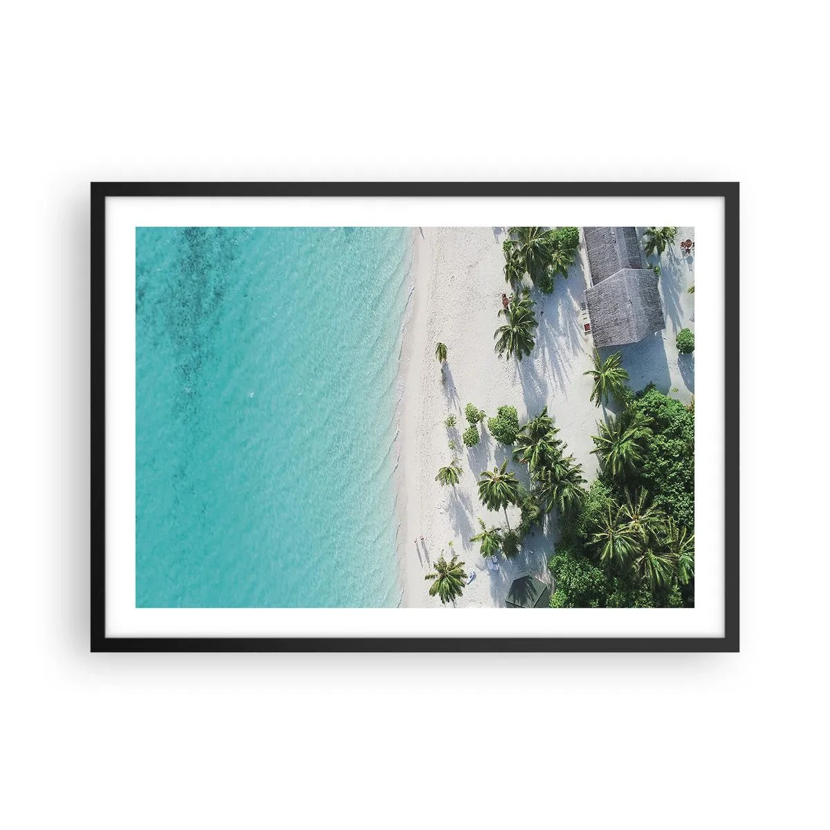 Plakat w czarnej ramie - Tropikalna plaża z turkusową wodą i palmami z lotu ptaka - 70x50cm - Wakacje w raju - Nowoczesna dekoracja ścienna do salonu i sypialni ARTTOR