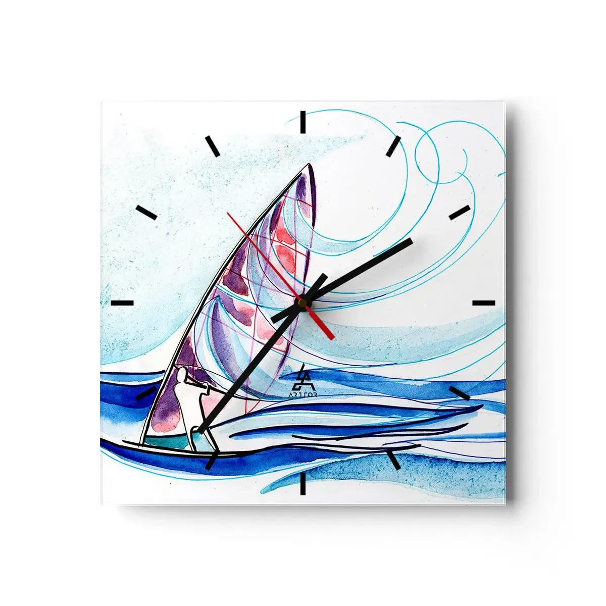Zegar ścienny - Surfer na falach w abstrakcyjnej kompozycji akwarelowej - 30x30cm - Z wiatrem w rytmie fal - Nowoczesna dekoracja ścienna do salonu i sypialni ARTTOR