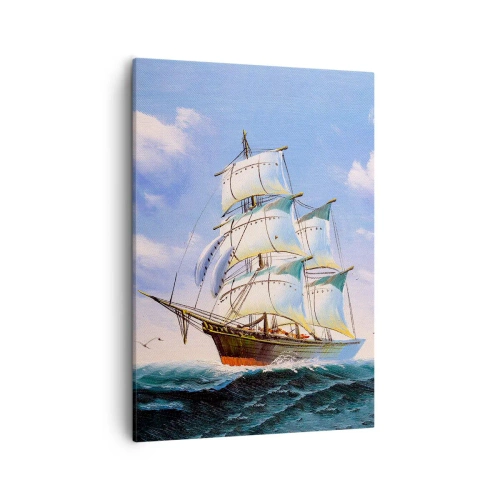 Obraz na płótnie - Żaglowiec na wzburzonym morzu pod błękitnym niebem - 50x70cm - Dumnie z wiatrem - Nowoczesna dekoracja ścienna do salonu, kuchni i sypialni ARTTOR
