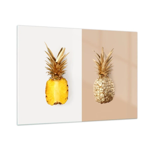 Obraz na szkle - Przekrojony i złoty ananas na dwóch kontrastowych tłach - 100x70cm - Ananas dla nas - Nowoczesna dekoracja ścienna do salonu, kuchni i sypialni ARTTOR
