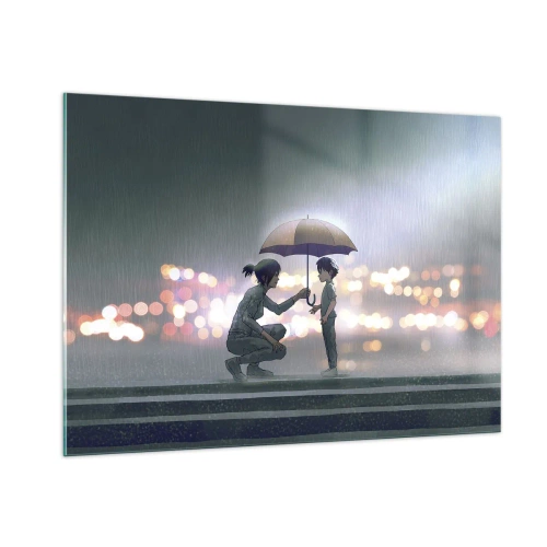 Obraz na szkle - Postacie w deszczu z parasolem na tle nocnych świateł - 100x70cm - I już jest wszystko dobrze - Nowoczesna dekoracja ścienna do salonu, kuchni i sypialni ARTTOR