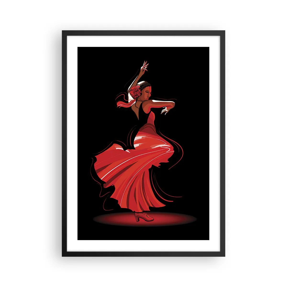 Plakat w czarnej ramie - Tancerka flamenco w czerwonej sukni na czarnym tle - 50x70cm - Ognisty duch flamenco - Nowoczesna dekoracja ścienna do salonu i sypialni ARTTOR