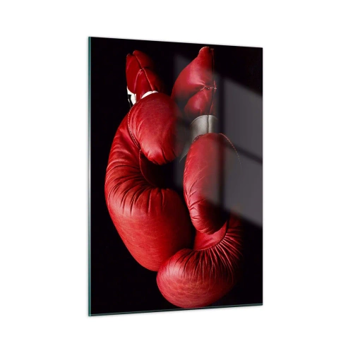 Obraz na szkle - Czerwone rękawice bokserskie na czarnym tle - 50x70cm - Emocje walki za nami - Nowoczesna dekoracja ścienna do salonu, kuchni i sypialni ARTTOR