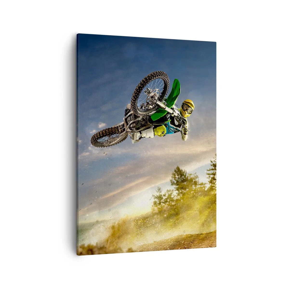 Obraz na płótnie - Motocyklista w powietrzu wykonujący akrobatyczny skok - 50x70cm - Włącz emocje! - Nowoczesna dekoracja ścienna do salonu, kuchni i sypialni ARTTOR