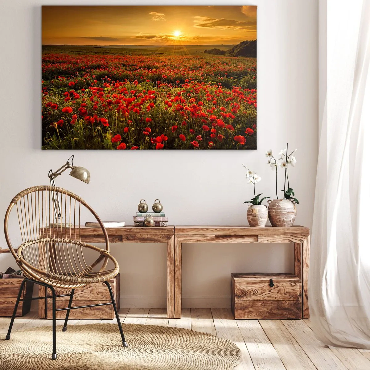 Obraz na płótnie - Pole czerwonych maków w blasku zachodzącego słońca - 120x80cm - Wśród fali łąk szumiących, wśród kwiatów powodzi - Nowoczesna dekoracja ścienna do salonu, kuchni i sypialni ARTTOR