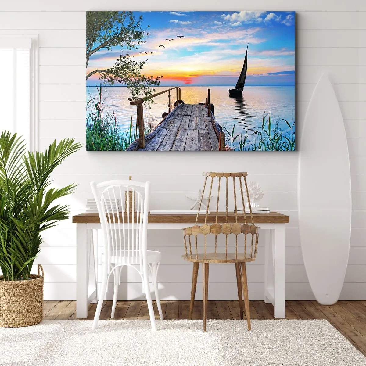 Obraz na płótnie - Molo nad jeziorem z łodzią i zachodem słońca - 70x50cm - Dobry wieczór - Nowoczesna dekoracja ścienna do salonu i sypialni ARTTOR