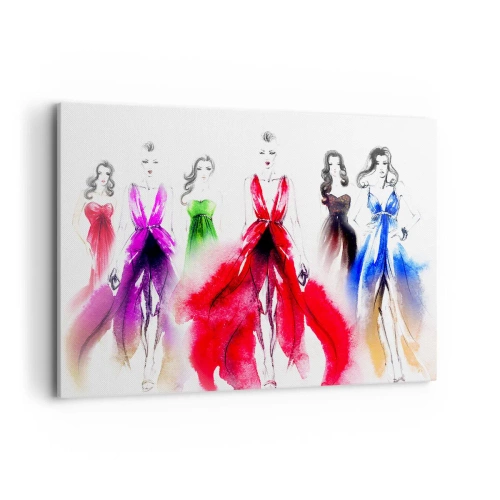 Obraz na płótnie - Ilustracja mody z modelkami w kolorowych sukniach - 120x80cm - Nastroje na stroje - Nowoczesna dekoracja ścienna do salonu, kuchni i sypialni ARTTOR
