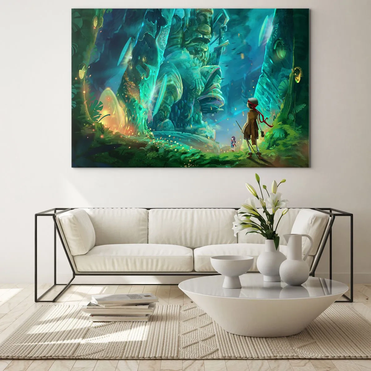 Obraz na szkle - Fantastyczny krajobraz z postacią i starożytnym posągiem w lesie - 120x80cm - Z wielkiej Księgi Baśni - Nowoczesna dekoracja ścienna do salonu, kuchni i sypialni ARTTOR