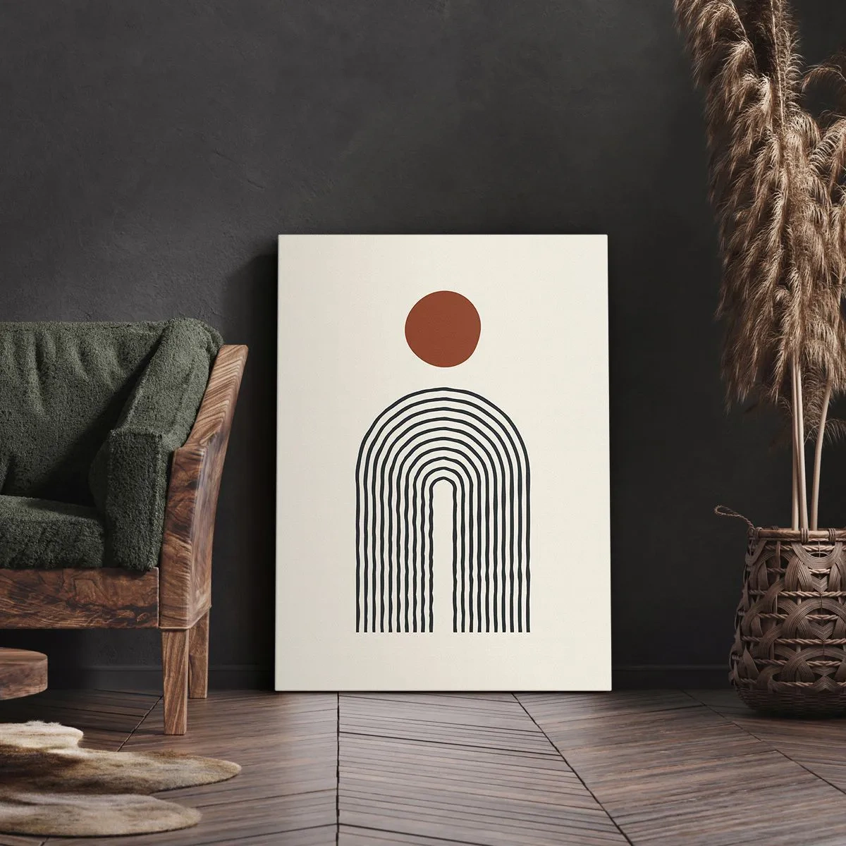 Obraz na płótnie - Abstrakcyjna kompozycja geometryczna z czarnymi liniami i pomarańczowym kołem na jasnym tle - 50x70cm - Magnetyzm kształtów i barw - Nowoczesna dekoracja ścienna do salonu, kuchni i sypialni ARTTOR