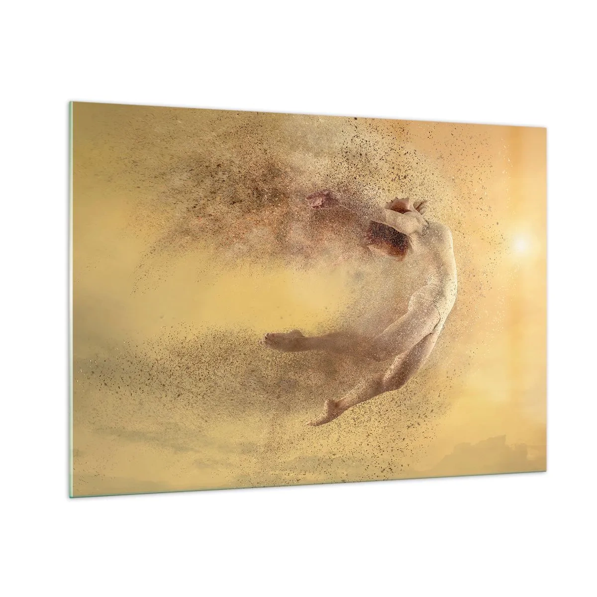 Obraz na szkle - Tancerz w dynamicznej kompozycji na złotym tle - 100x70cm - W tanecznym uniesieniu - Nowoczesna dekoracja ścienna do salonu, kuchni i sypialni ARTTOR