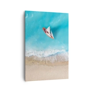 Obraz na płótnie - Łódka przy plaży w widoku z lotu ptaka - 70x100cm - Na granicy błękitu i złota - Nowoczesna dekoracja ścienna do salonu i sypialni ARTTOR