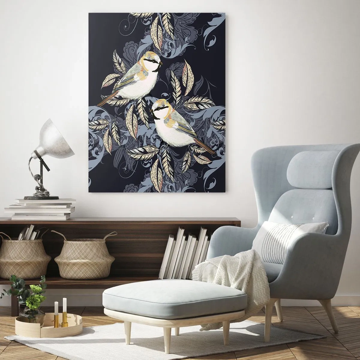 Obraz na szkle - Ilustracja dwóch ptaków na ciemnym tle z ornamentami - 50x70cm - Żółto-błękitny trel - Nowoczesna dekoracja ścienna do salonu, kuchni i sypialni ARTTOR