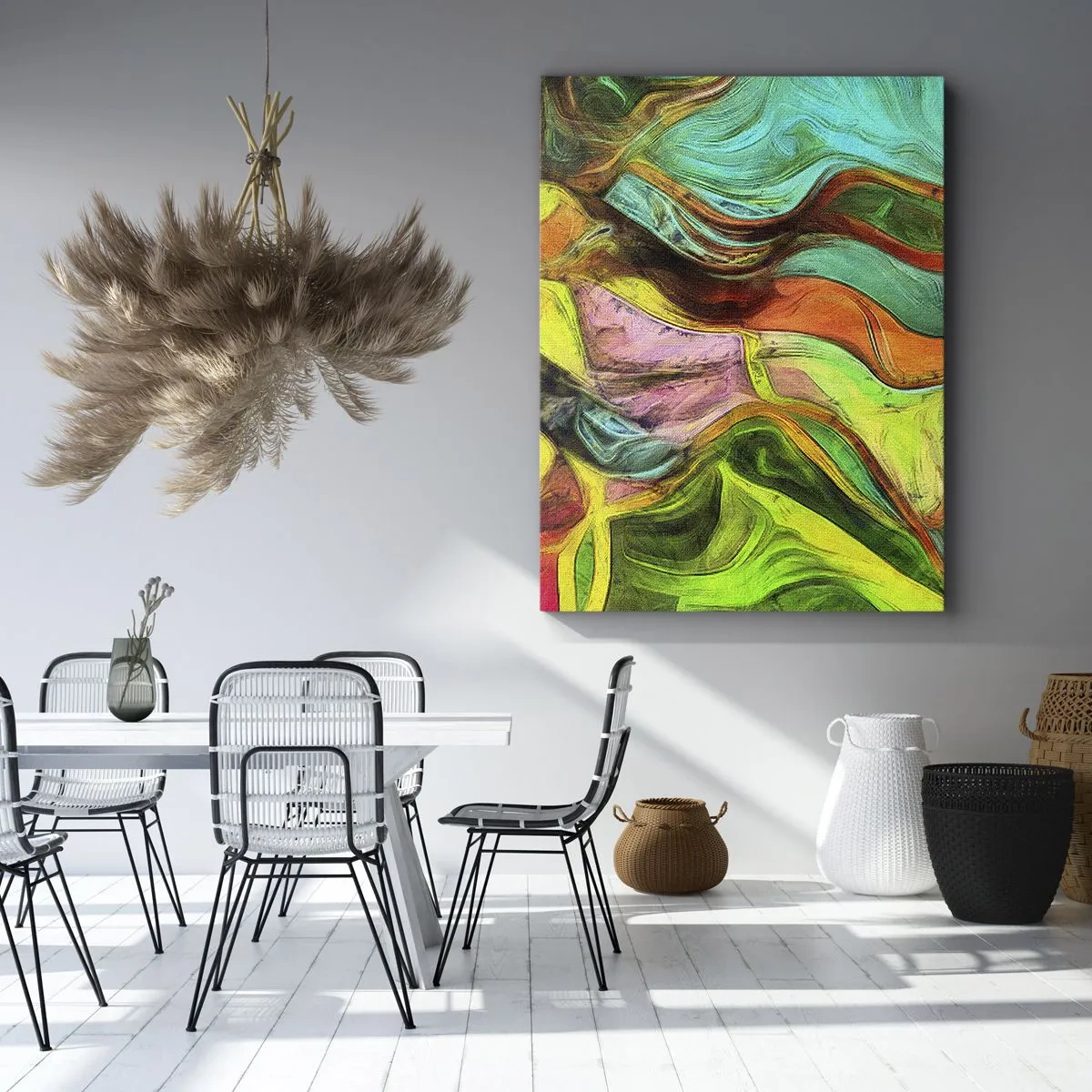 Obraz na płótnie - Abstrakcyjna kompozycja z barwnymi plamami i dynamicznymi liniami - 70x100cm - Ruch to życie - Nowoczesna dekoracja ścienna do salonu i sypialni ARTTOR