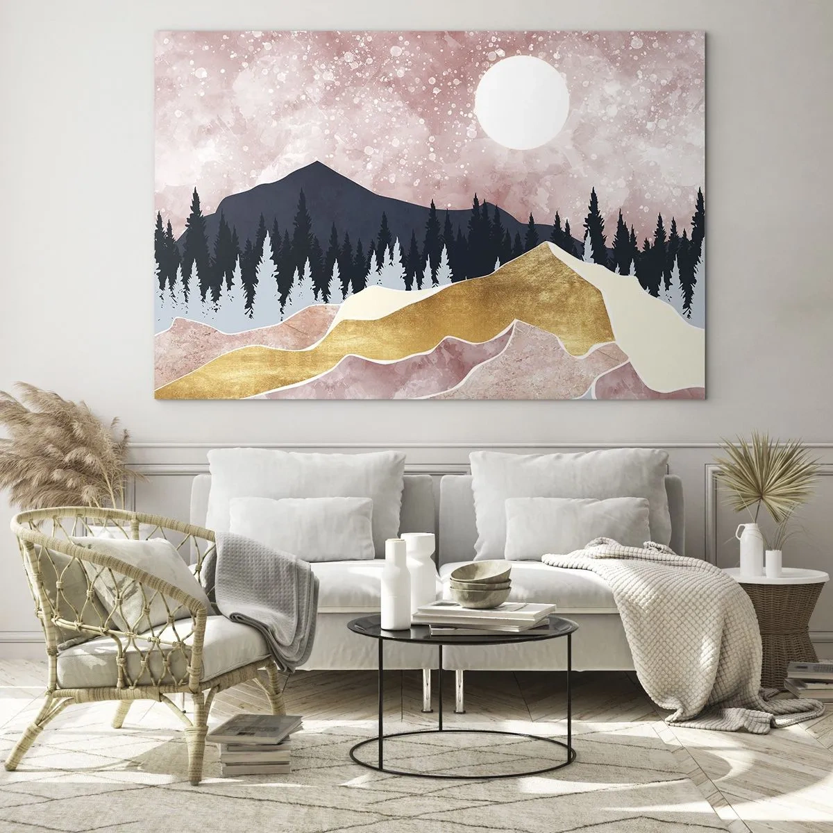 Obraz na szkle - Góry i las w świetle księżyca na tle różowego nieba - 70x50cm - Nocna straż - Nowoczesna dekoracja ścienna do salonu i sypialni ARTTOR