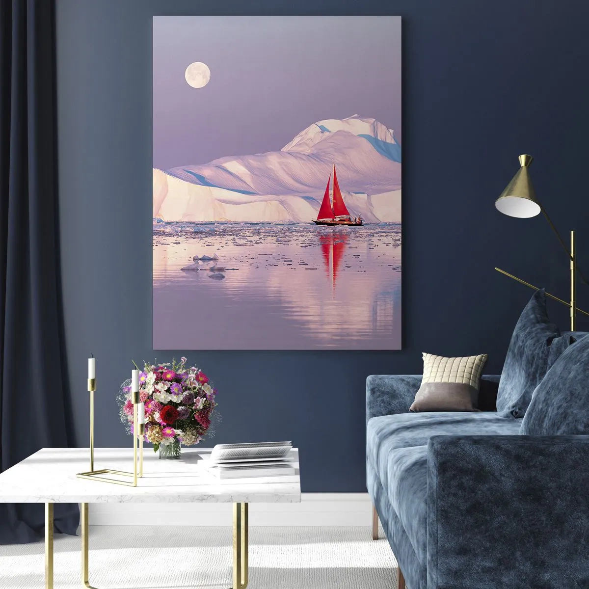 Obraz na szkle - Żaglówka na tle lodowców w świetle księżyca - 50x70cm - Żar żagla, chłód lodu - Nowoczesna dekoracja ścienna do salonu, kuchni i sypialni ARTTOR