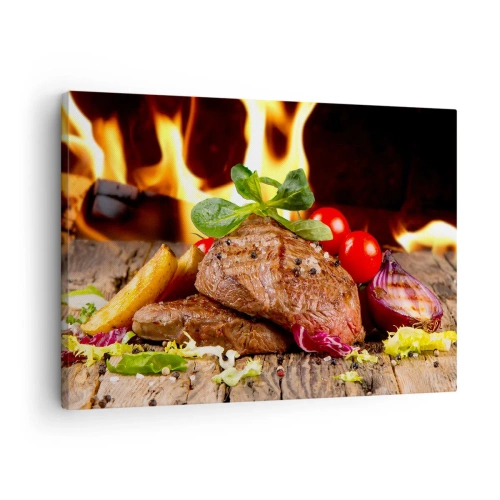 Obraz na płótnie - Grillowany stek z dodatkami na tle płomieni - 70x50cm - Wyczarowane żarem - Nowoczesna dekoracja ścienna do salonu i sypialni ARTTOR