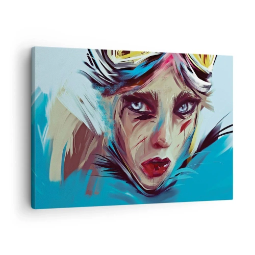 Obraz na płótnie - Portret kobiety w dynamicznych kolorach i abstrakcyjnym stylu - 70x50cm - Wojowniczka szos - Nowoczesna dekoracja ścienna do salonu i sypialni ARTTOR