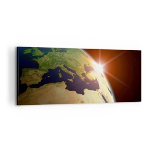 Obraz na płótnie - Widok Ziemi z kosmosu z promieniami słońca na horyzoncie - 120x50cm - Wschód słońca - Nowoczesna dekoracja ścienna do salonu i sypialni ARTTOR