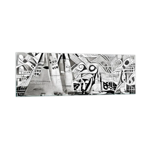 Obraz na szkle - Abstrakcyjne żaglówki w monochromatycznej kompozycji - 160x50cm - Między falami - Nowoczesna dekoracja ścienna do salonu i sypialni ARTTOR