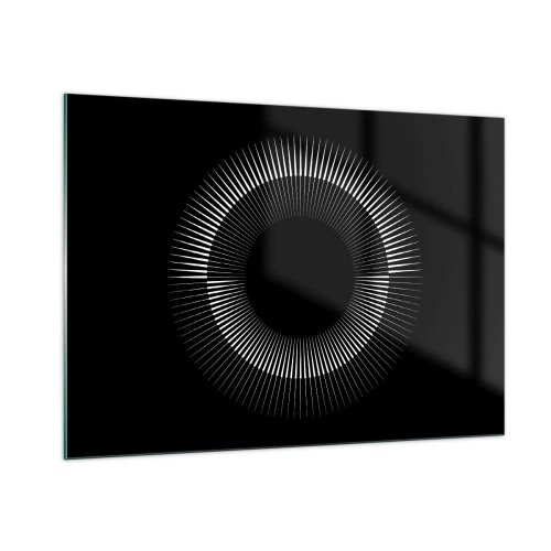 Obraz na szkle - Białe promienie tworzące okrąg na czarnym tle - 100x70cm - Czarne Słońce - Nowoczesna dekoracja ścienna do salonu, kuchni i sypialni ARTTOR