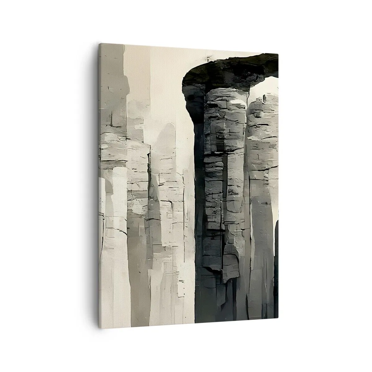 Obraz na płótnie - Grafika przedstawiająca monumentalne formacje skalne w odcieniach szarości - 50x70cm - Majestat antyku - Nowoczesna dekoracja ścienna do salonu, kuchni i sypialni ARTTOR
