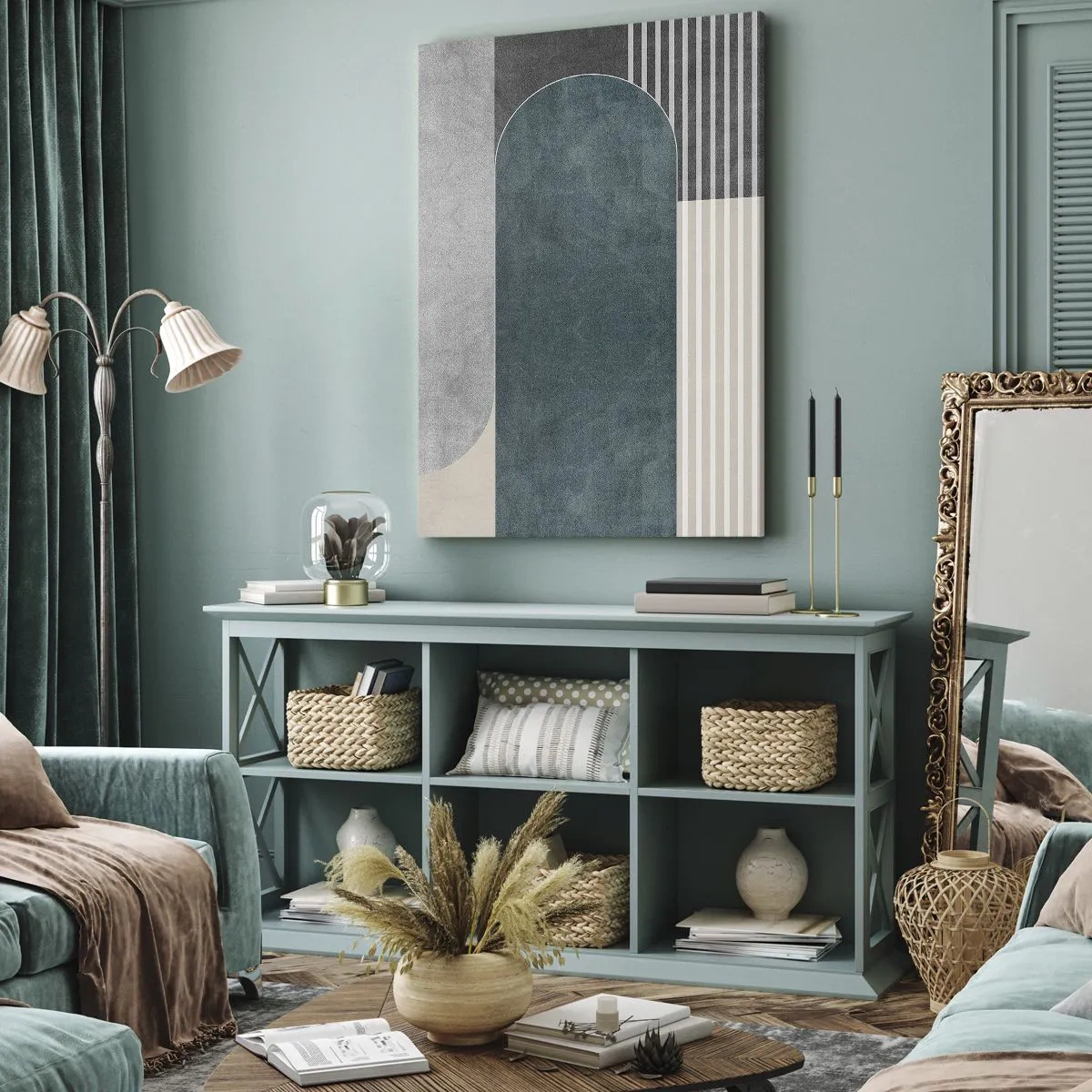 Obraz na płótnie - Geometryczna abstrakcja w odcieniach szarości i zieleni - 80x120cm - Kompozycja na poziomie - Nowoczesna dekoracja ścienna do salonu i sypialni ARTTOR