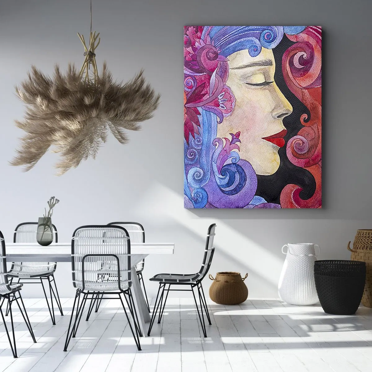 Obraz na płótnie - Kobieca twarz otoczona kolorowymi, falującymi wzorami - 50x70cm - Secesja wciąż żywa - Nowoczesna dekoracja ścienna do salonu, kuchni i sypialni ARTTOR