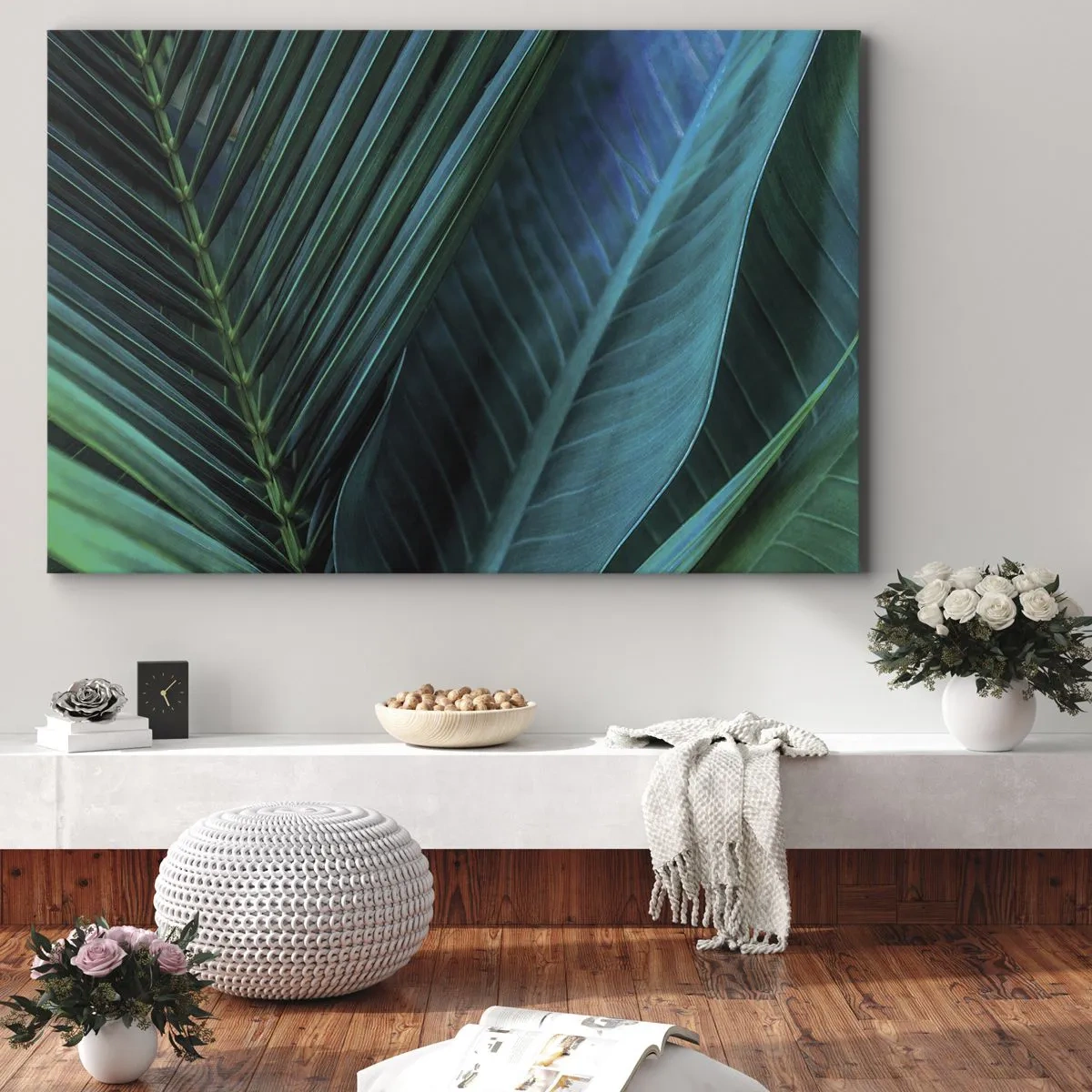 Obraz na płótnie - Zbliżenie na tropikalne zielone liście - 70x50cm - Anatomia zieleni - Nowoczesna dekoracja ścienna do salonu i sypialni ARTTOR