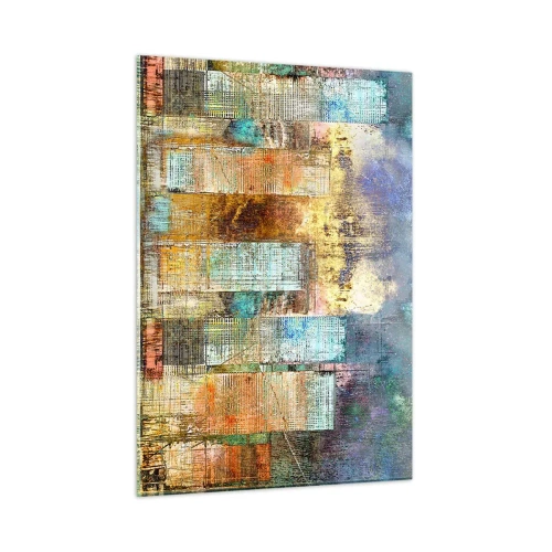 Obraz na szkle - Kolorowa abstrakcyjna panorama miejskich wieżowców w stylu artystycznym - 50x70cm - Słoneczna metropolia - Nowoczesna dekoracja ścienna do salonu, kuchni i sypialni ARTTOR