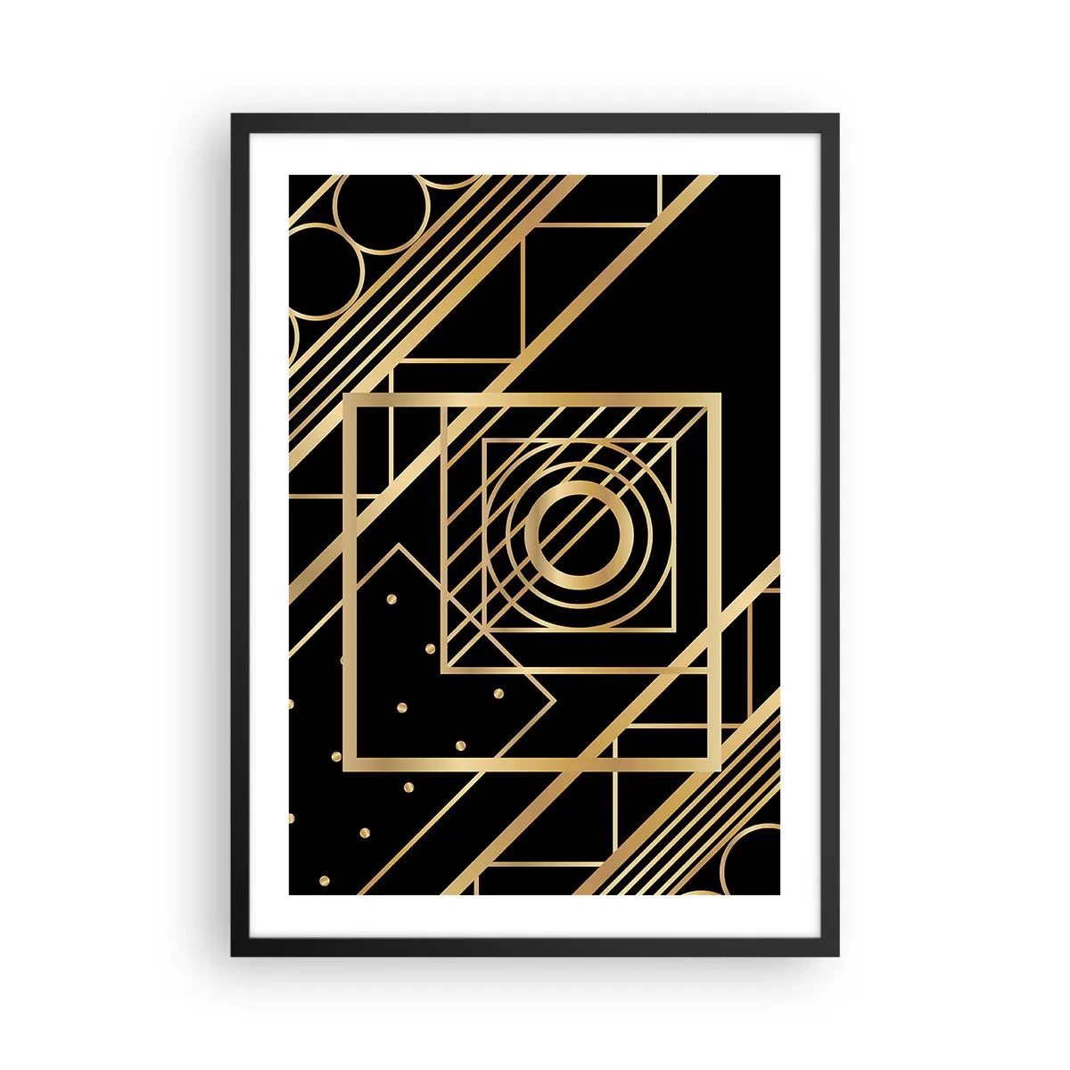 Plakat w czarnej ramie - Złote geometryczne wzory na czarnym tle w stylu art deco - 50x70cm - Złota geometria - Nowoczesna dekoracja ścienna do salonu i sypialni ARTTOR