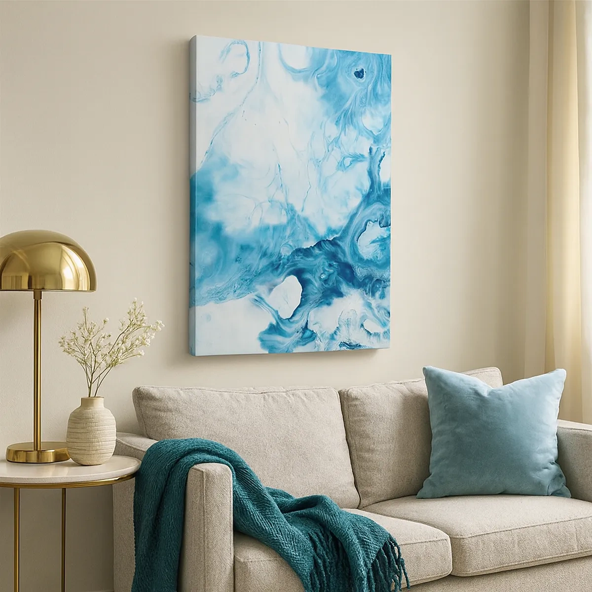 Obraz na płótnie - Abstrakcyjna kompozycja w odcieniach błękitu i bieli - 50x70cm - Koncert błękitu - Nowoczesna dekoracja ścienna do salonu, kuchni i sypialni ARTTOR