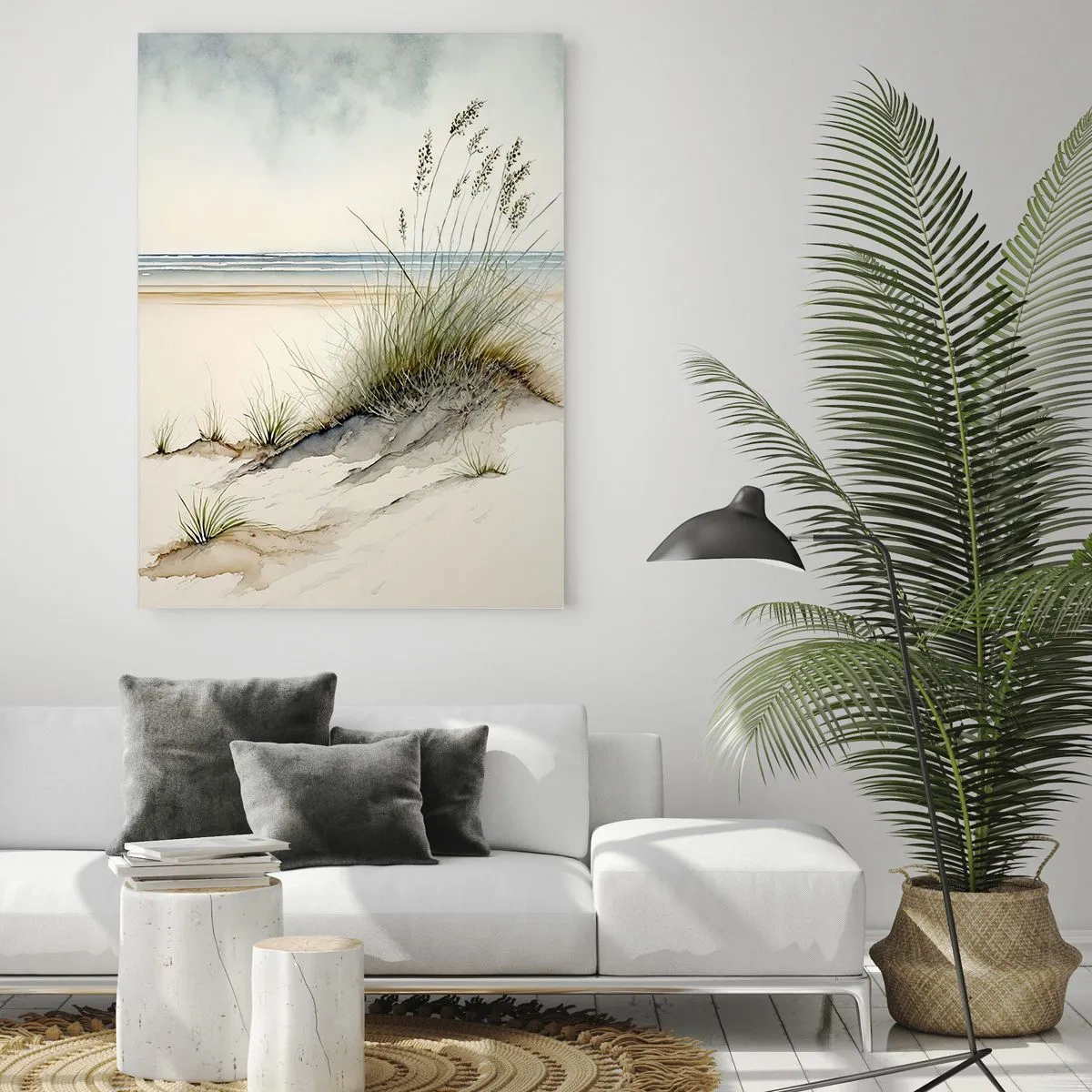 Obraz na szkle - Piaskowa wydma z trawami na tle spokojnego morza i nieba - 80x120cm - Wypieszczone przez wiatr - Nowoczesna dekoracja ścienna do salonu i sypialni ARTTOR