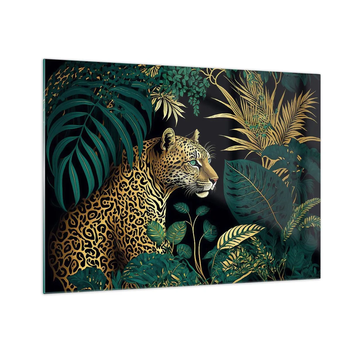 Obraz na szkle - Lampart pośród tropikalnych liści na ciemnym tle - 70x50cm - Gospodarz w dżungli - Nowoczesna dekoracja ścienna do salonu i sypialni ARTTOR