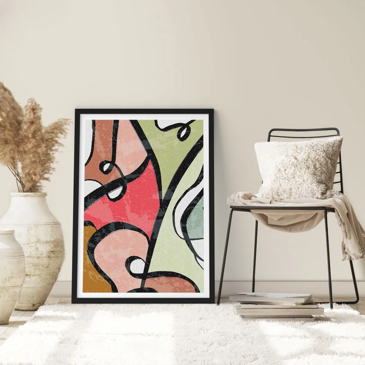 Plakat w czarnej ramie - Kolorowa abstrakcja z czarnymi konturami - 50x70cm - Piruety wśród barw - Nowoczesna dekoracja ścienna do salonu i sypialni ARTTOR