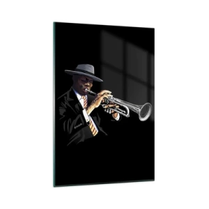 Obraz na szkle - Muzyk grający na trąbce na czarnym tle - 80x120cm - Czar starej szkoły - Nowoczesna dekoracja ścienna do salonu i sypialni ARTTOR