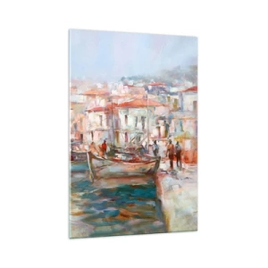 Obraz na szkle - Impresja portowa z łodziami i budynkami - 70x100cm - Pastelowe wakacje - Nowoczesna dekoracja ścienna do salonu i sypialni ARTTOR