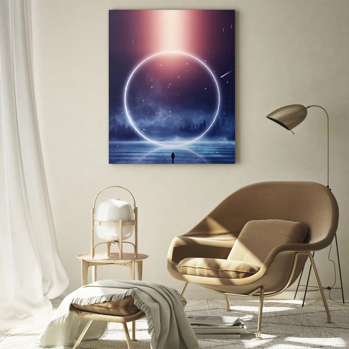 Obraz na szkle - Magiczny krajobraz z postacią i świetlistym kręgiem nocą - 80x120cm - Już tu są… - Nowoczesna dekoracja ścienna do salonu i sypialni ARTTOR