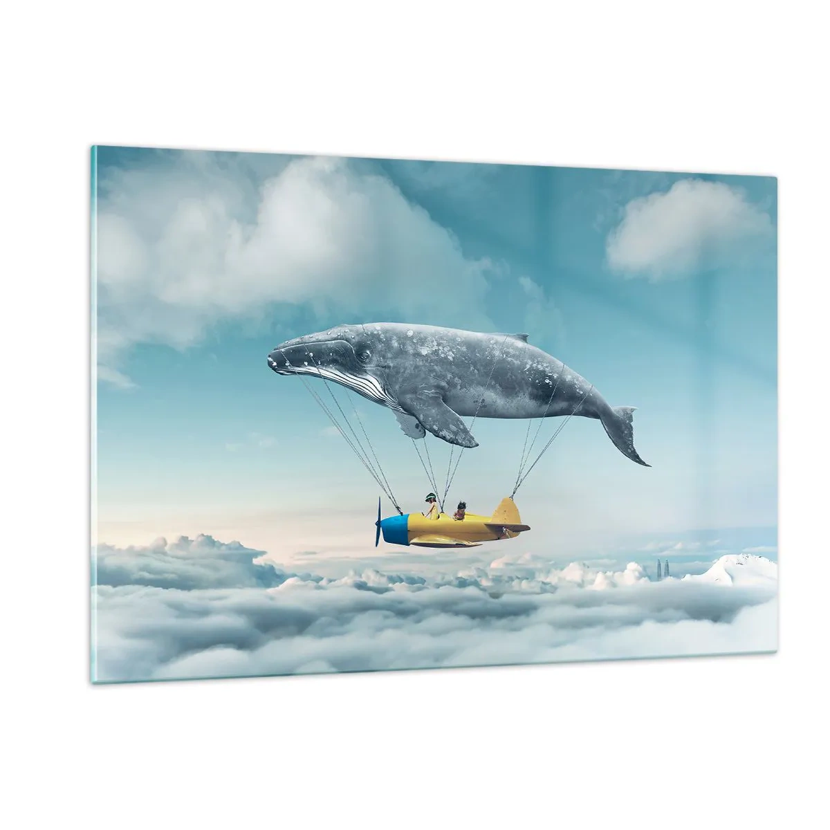 Obraz na szkle - Wieloryb unoszący samolot nad chmurami w surrealistycznej scenerii - 120x80cm - Dlaczego nie? - Nowoczesna dekoracja ścienna do salonu, kuchni i sypialni ARTTOR
