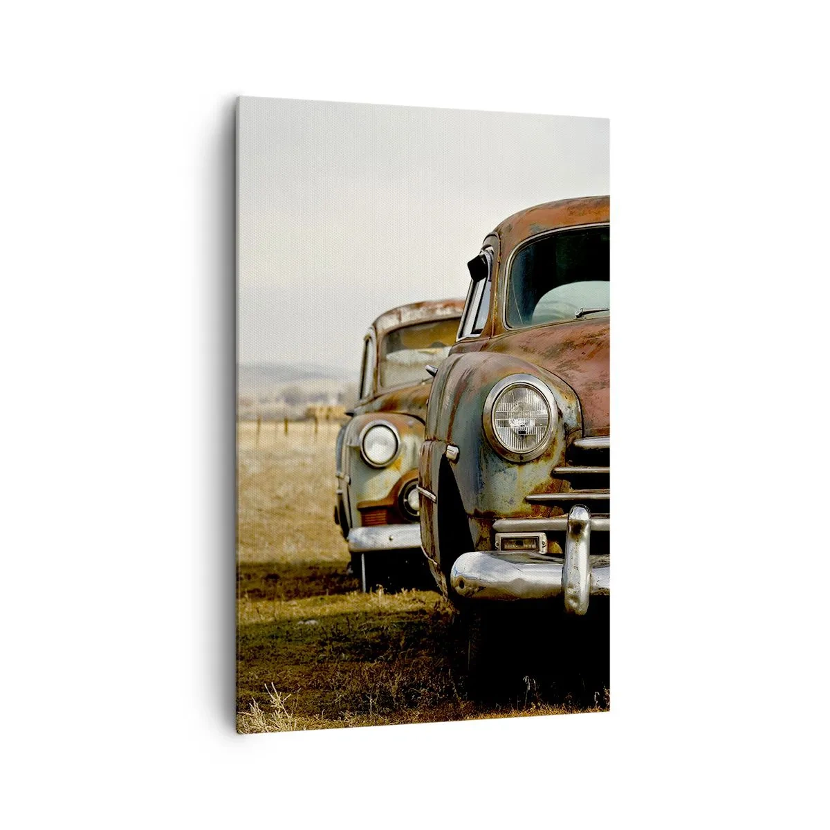 Obraz na płótnie - Dwa stare samochody na polnej drodze przy drewnianym płocie - 80x120cm - Zasłużony odpoczynek - Nowoczesna dekoracja ścienna do salonu i sypialni ARTTOR