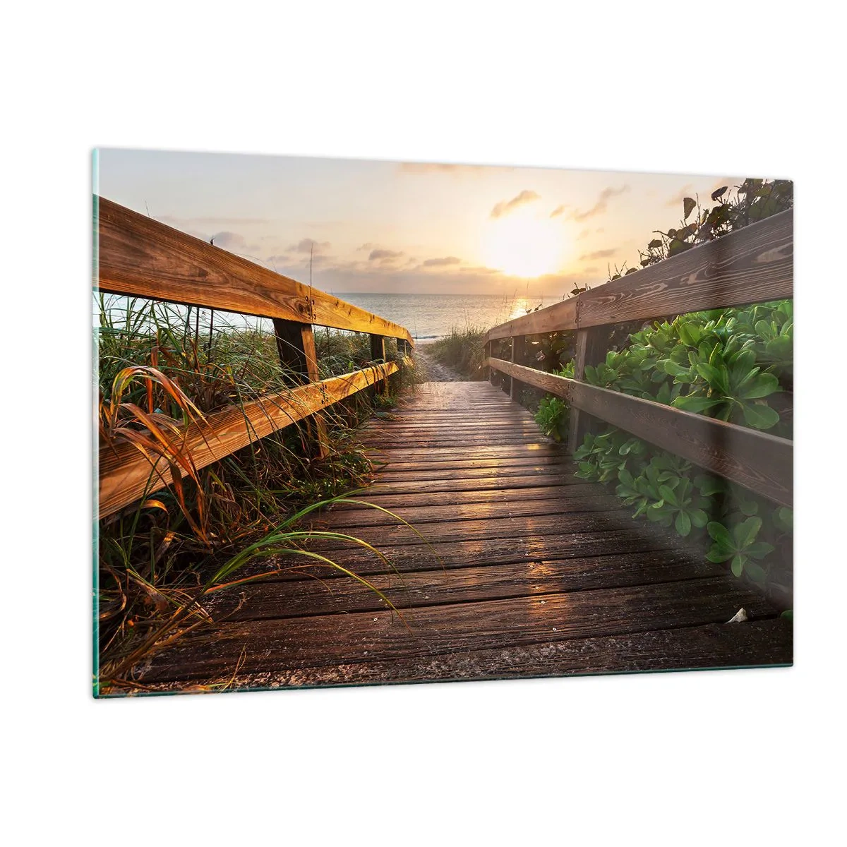 Obraz na szkle - Drewniana kładka prowadząca na plażę o zachodzie słońca - 120x80cm - I wprost nad brzeg - Nowoczesna dekoracja ścienna do salonu, kuchni i sypialni ARTTOR