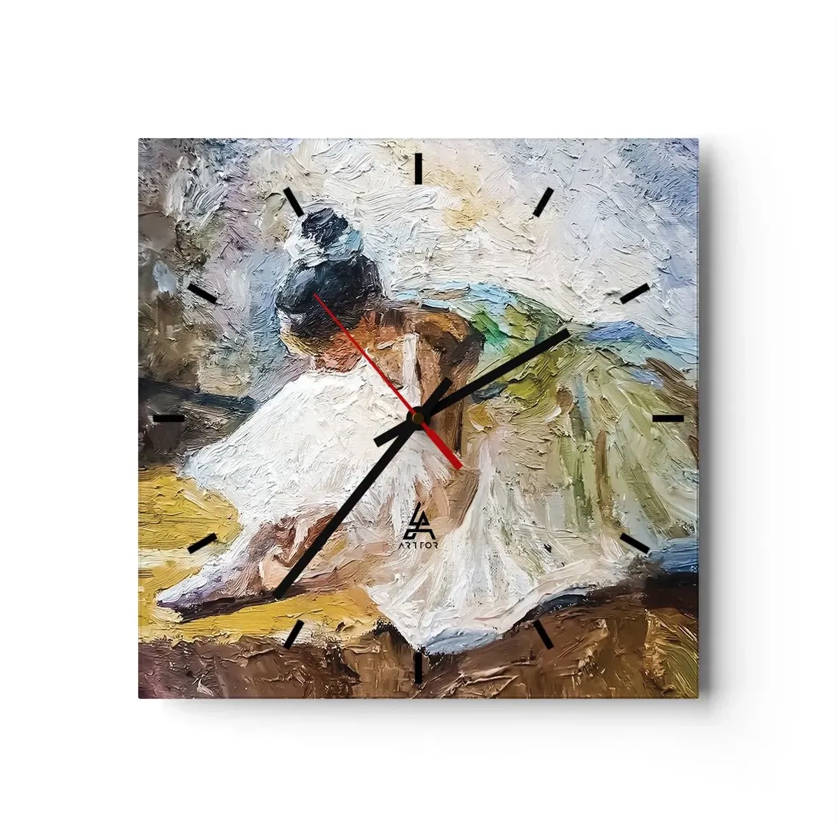 Zegar ścienny - Balerina w białej sukni w malarskim stylu na tle impresjonistycznym - 30x30cm - Z obrazu Degasa - Nowoczesna dekoracja ścienna do salonu i sypialni ARTTOR