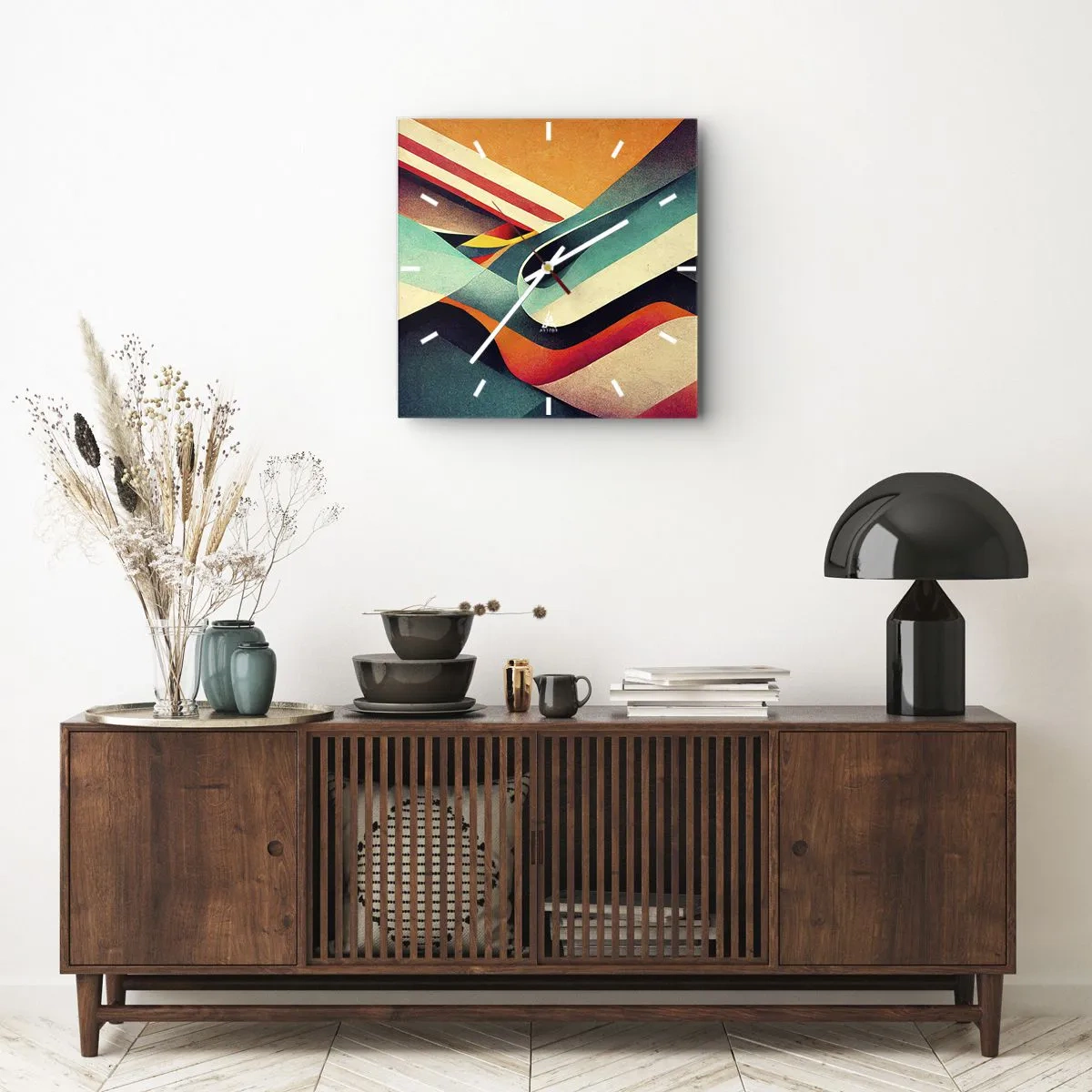 Zegar ścienny - Kolorowe fale abstrakcyjne w dynamicznej kompozycji - 30x30cm - Kompozycja intensywna - Nowoczesna dekoracja ścienna do salonu i sypialni ARTTOR