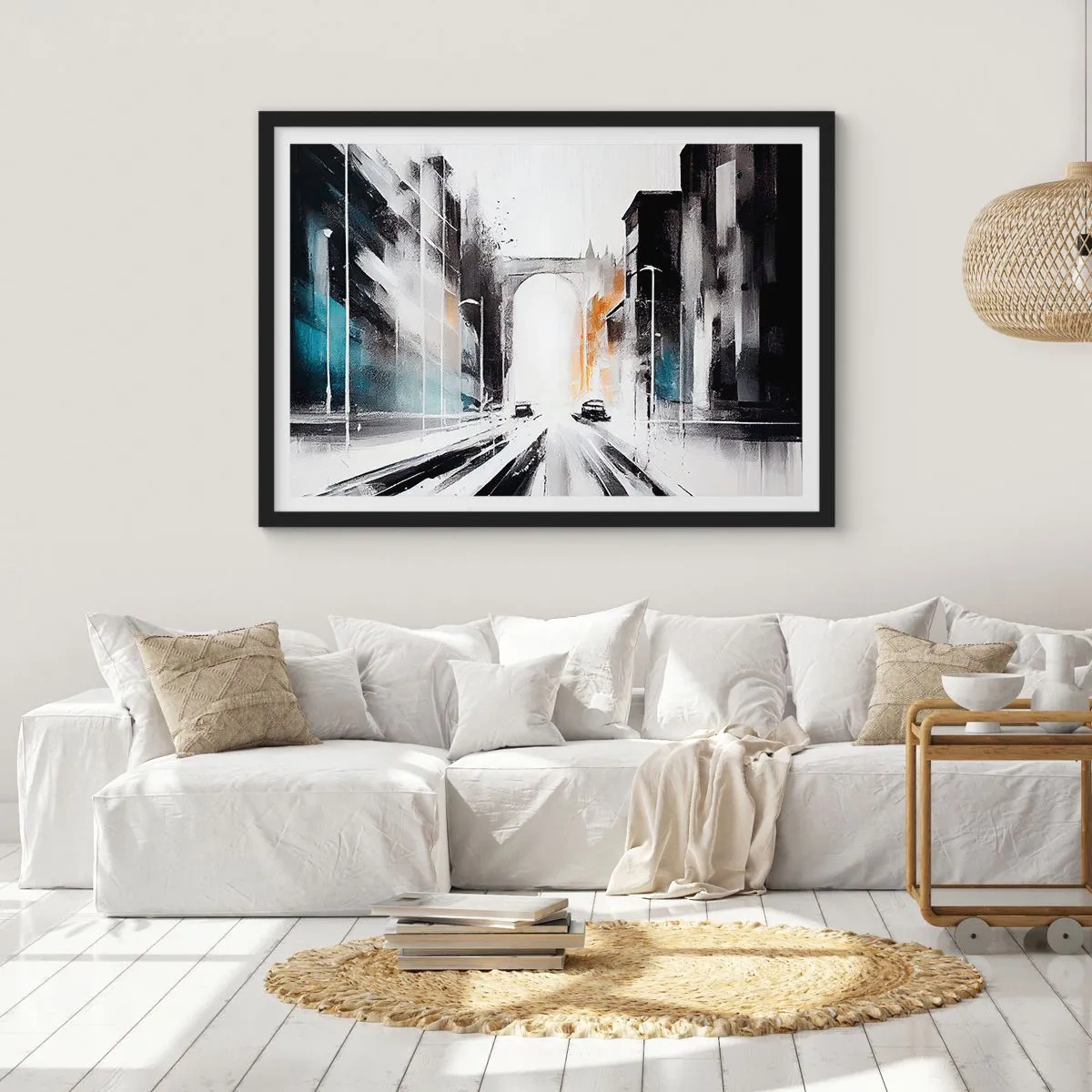 Plakat w czarnej ramie - Abstrakcyjna panorama miasta z łukowym mostem - 70x50cm - Studium miasta: architektura i ruch - Nowoczesna dekoracja ścienna do salonu i sypialni ARTTOR