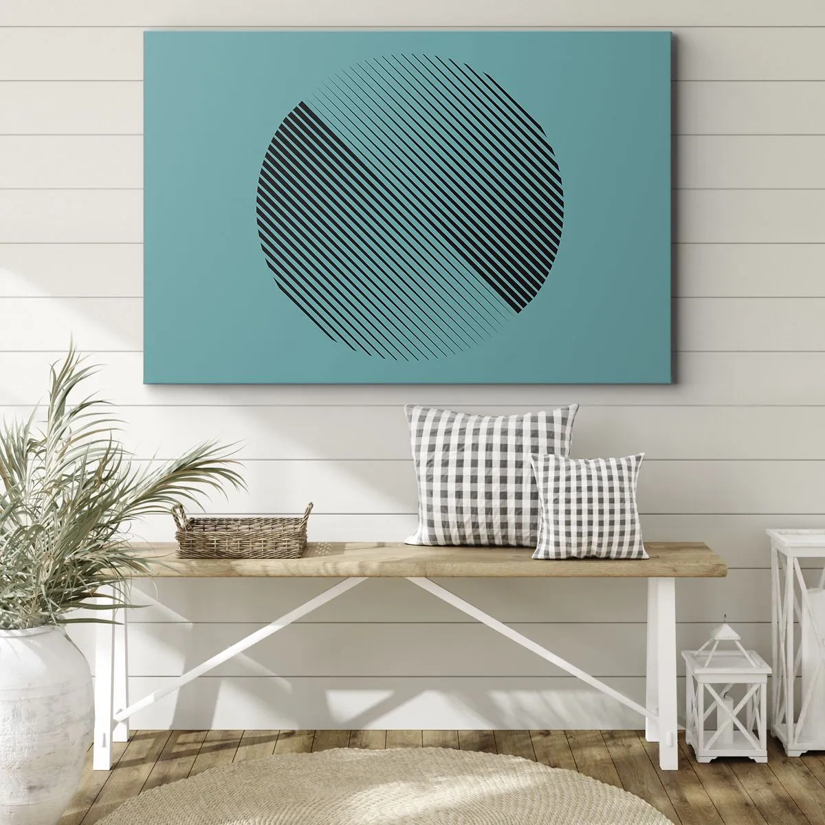 Obraz na płótnie - Minimalistyczne koło z liniami na turkusowym tle - 70x50cm - Koło – geometryczna wariacja - Nowoczesna dekoracja ścienna do salonu i sypialni ARTTOR