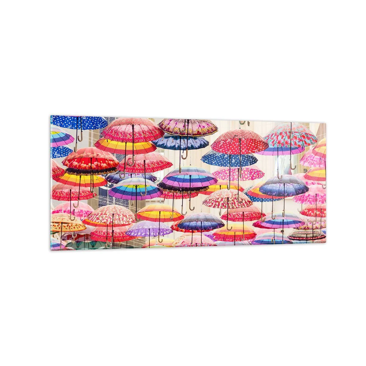 Obraz na szkle - Kolorowe parasole zawieszone w powietrzu - 120x50cm - Miejska łąka - Nowoczesna dekoracja ścienna do salonu i sypialni ARTTOR