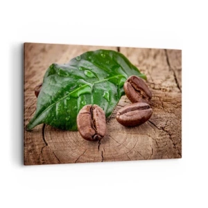 Obraz na płótnie - Ziarna kawy i zielony liść na drewnianym tle - 120x80cm - Najprawdziwsza i czarna - Nowoczesna dekoracja ścienna do salonu, kuchni i sypialni ARTTOR