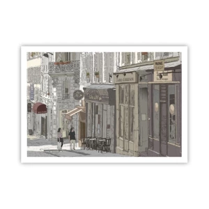 Plakat - Ilustracja ulicy miejskiej z kawiarniami i sklepami - 100x70cm - Miejskie radości - Nowoczesna dekoracja ścienna do salonu i sypialni ARTTOR