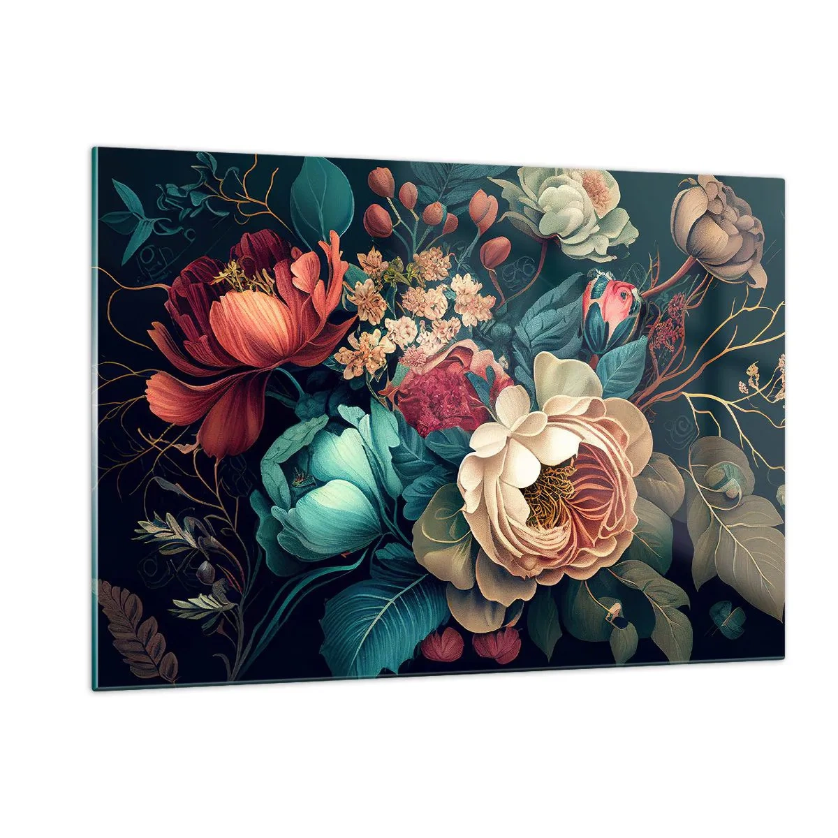 Obraz na szkle - Bukiet kwiatów w stylu vintage na ciemnym tle - 120x80cm - XIX-wieczny czar - Nowoczesna dekoracja ścienna do salonu, kuchni i sypialni ARTTOR
