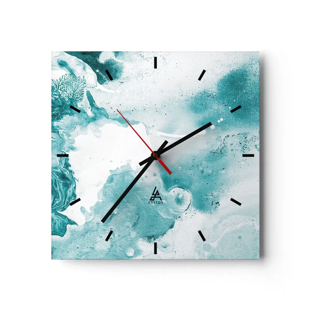 Zegar ścienny - Abstrakcja w odcieniach błękitu z delikatnymi akcentami bieli - 30x30cm - Rozlewiska błękitu - Nowoczesna dekoracja ścienna do salonu i sypialni ARTTOR
